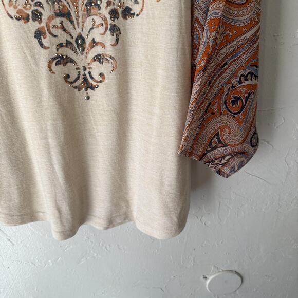 Boho‎ Peasant Top Womens Large Cream Paisley Print Lace Detail Flowy Blouse - Picture 3 of 9